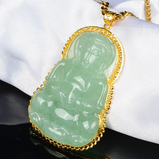 金甸福珠宝足金镶嵌翡翠观音吊坠玉观音黄金吊坠玉坠挂件带证书翡翠