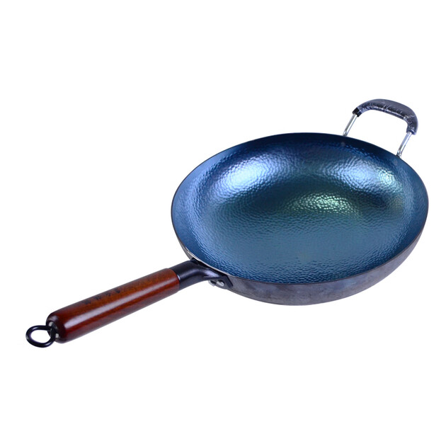 手工锻打老式传统家用燃气灶炒菜锅木把锤印36cm带锅耳朵68人圆底炒锅