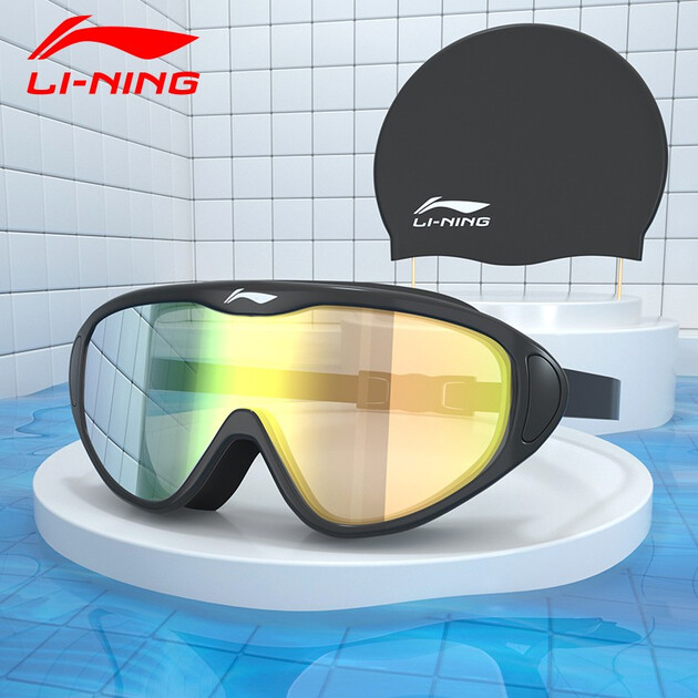李宁(li-ning)泳镜大框平光高清防水防雾游泳眼镜泳帽套组男女士镀膜