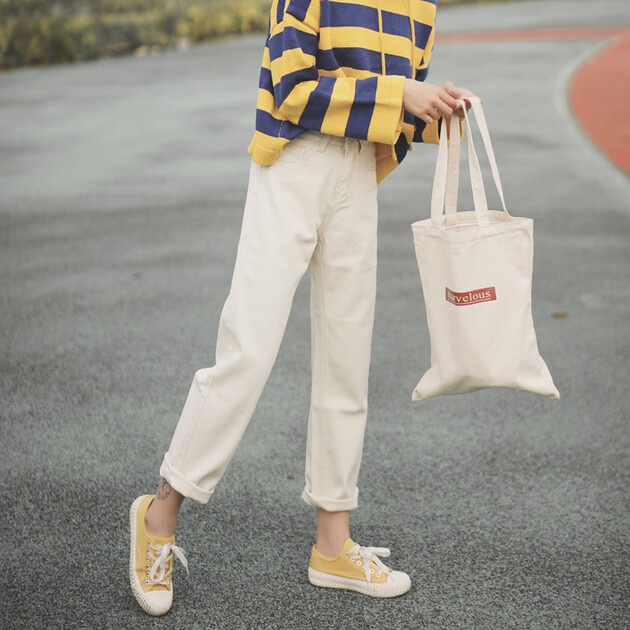 不褪色的牛仔一件包邮2018新款米白色高腰直筒牛仔裤女宽松学生韩版bf