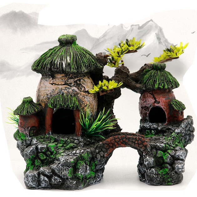 玉洋轩鱼缸造景假山水族箱装饰造景树脂房子装饰仿真石头避洞摆件水族