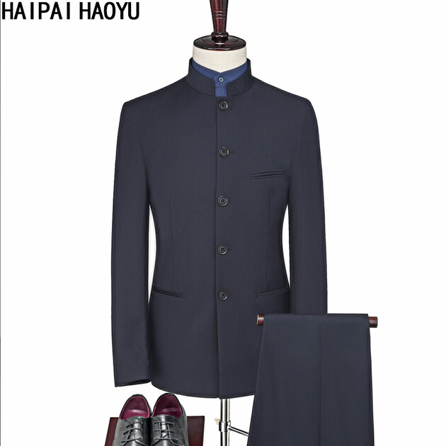 中山装男修身纯色唐装套装青年立领西服中式新郎礼服1669藏青色180