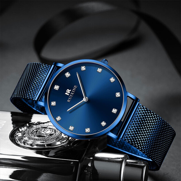 瑞西尼ruixine蓝色尼龙表带进口男士手表男时尚潮流防水钢带石英腕表