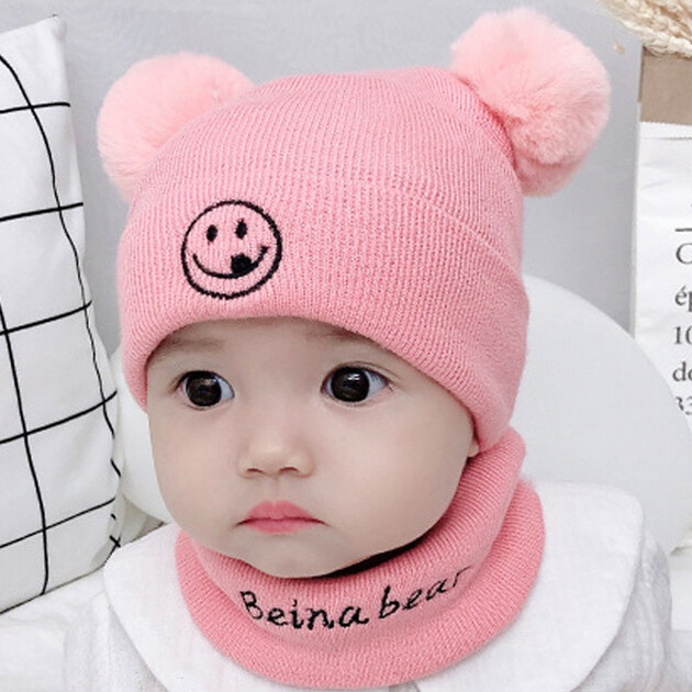 男女宝宝保暖套头帽新生儿针织毛线帽围脖二件套装 笑脸二件套毛线帽