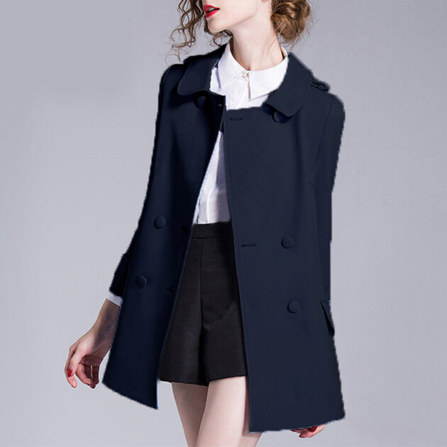 鹿歌藏蓝色风衣女2018秋季新品气质职业ol薄款直筒短款双排扣长袖小