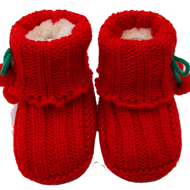 婴儿棉鞋冬款新生儿保暖加绒加厚卡通毛线鞋宝宝学步鞋 底长11cm 红色
