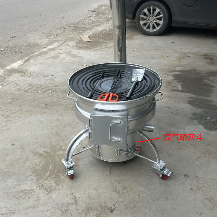 柴火炉灶汽车轮毂改装60内径可移动铸铁炉条柴煤两用 煤气罐灰斗高65厘米
