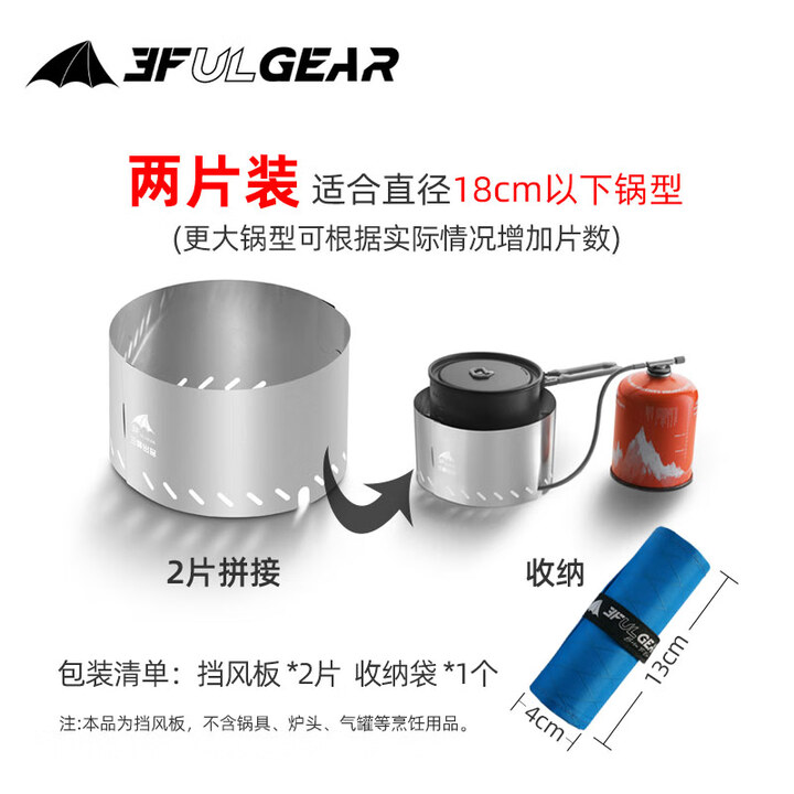 三峰出 户外炉头挡风板野炊气炉头大锅防风聚热罩超轻便携不锈钢片防风 挡风板2片装(直径18cm内炊具适配