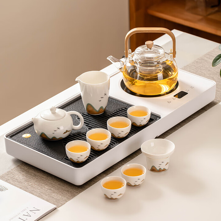 瓷牌茗茶具功夫茶具套装家用全自动一体式烧水泡茶茶盘办公室会客现代茶台 白玺棠+竹柄提梁+远山西施壶10件【图片 价格 品牌 报价】-京东
