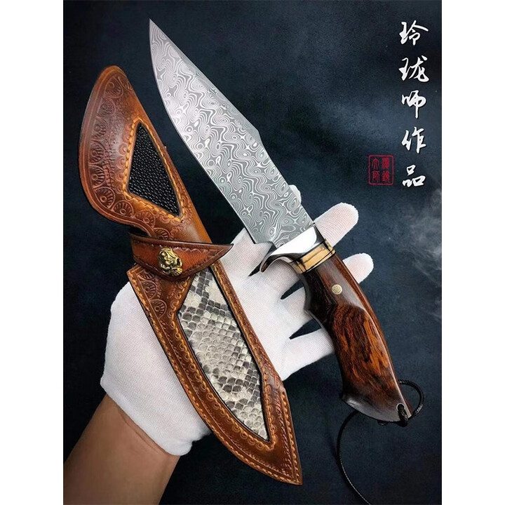 雨轩户外户外博弈直刀95层锻造大马士革钢刀云眼花纹刀身猛犸齿沙铁木手柄