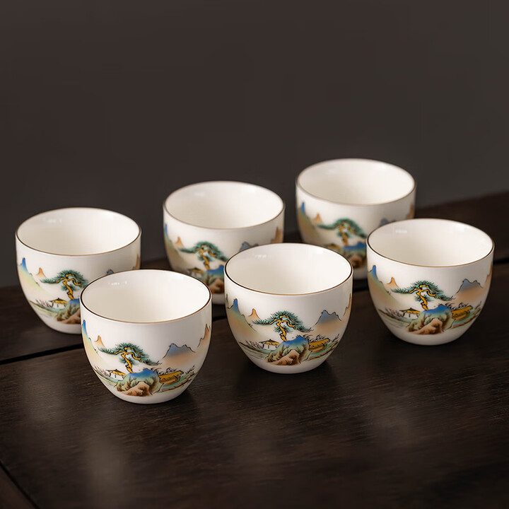 瓷牌茗茶具水墨村居羊脂玉瓷品茗杯功夫茶具个人杯主人杯 卧虎藏龙品茗杯-6个装【图片 价格 品牌 报价】-京东