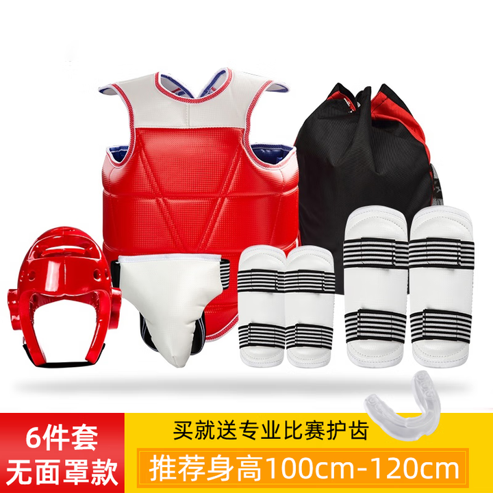 迈高登跆拳道护具全套防护具服护头盔儿童六九件套护甲面罩实战装备训练 6件套【身高110-130cm】1号红色