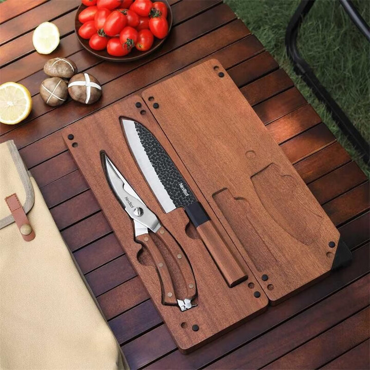 纳拓（NexTool） 营地料理师露营砧板户外菜刀套装便携刀具磁吸折叠砧板镀钛刀 实木强磁砧板套装