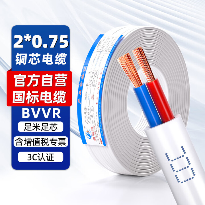 鲁诚讯保检国标电线软线铜芯线RVVB2*0.75白色扁平护套线电线二芯0.75平方铜芯家用电线软线电线100米
