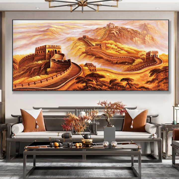 金色万里长城办公室客厅背景墙挂画靠山图字国画装饰山水风景壁画 11款-万里长城 230*100CM【顺丰包邮】 【亮面高清晶瓷画】+金铝框 ...