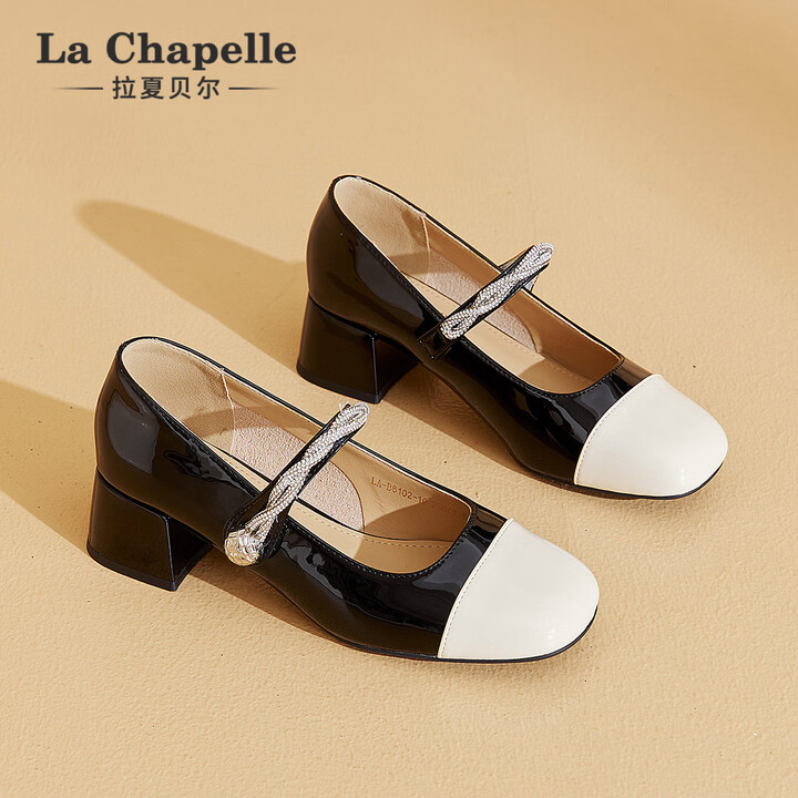 拉夏贝尔女士皮鞋小香风高跟鞋女优雅方跟女鞋