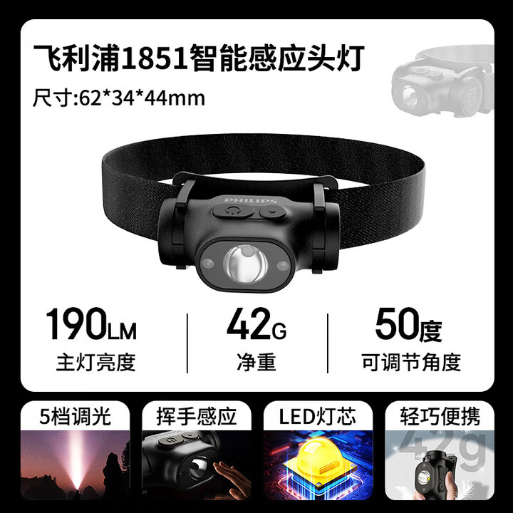 飞利浦感应头灯强光超亮头戴式头灯夜钓夜骑登山户外超长续航充电 【超长续航款】轻薄头灯1851