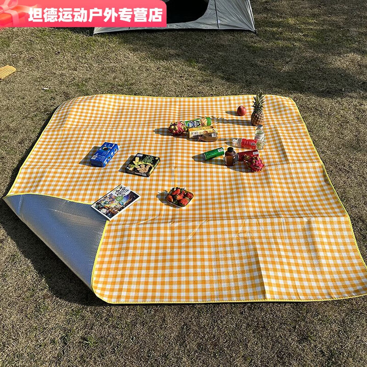 柏潮加厚彩膜野外露营垫户外野炊垫野餐布垫草坪垫子铺地宿舍防潮床垫 2.5毫米厚-黄白格 1.5X2米-送收纳袋