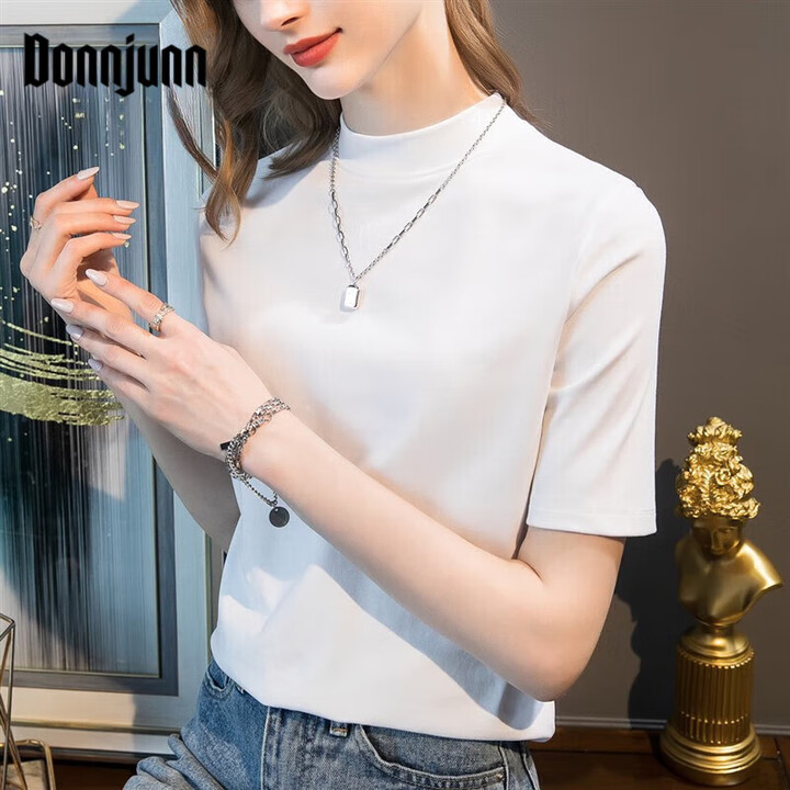 DONNJUNN半高领五分袖纯棉T恤女立领设计感半袖T恤女显瘦中袖体恤打底上衣 白色 3XL【图片 价格 品牌 报价】-京东