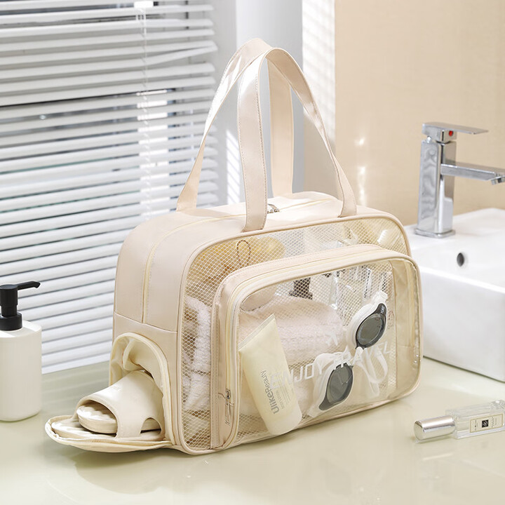 山头林村干湿分离洗澡包洗漱包女大容量健身游泳包2025新款浴兜手提袋防水 【米色升级款】带鞋仓