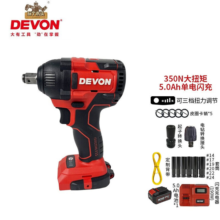 大有（Devon）20V锂电无刷冲击扳手5733 5.2/4Ah双电电池充电扳手