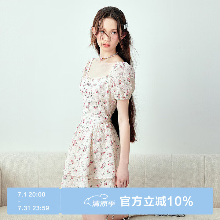 乐町芝芝莓莓法式碎花公主裙24年夏季新款收腰显瘦纯欲风短袖裙...