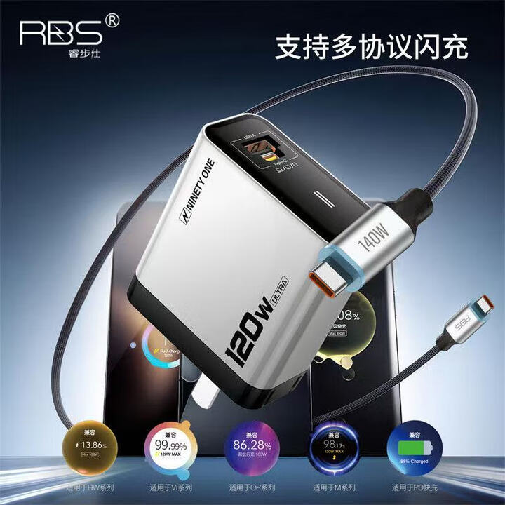 睿歩仕NINETY ONE 120W全兼容氮化镓充电器适用苹果小米三星华为Oppo vi手机快闪充A+C双口氮化镓闪充 隼 120W氮化镓充电 ...