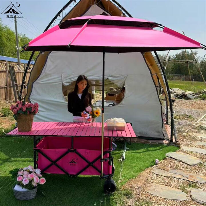 鹿营地摆摊推车露营车一体车小吃车超大款聚拢可升降地摊移动夜市餐车 PLUS宽 170x72粉桌+粉车+粉伞