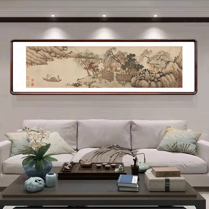 探时光唐伯虎字画山水画国画现代中式客厅沙发装饰画书房办公室靠山挂画 沈周-柴桑隐如图 170*60cm(大气磅礴) 实木框+安徽熟宣宣纸+卡纸 ...
