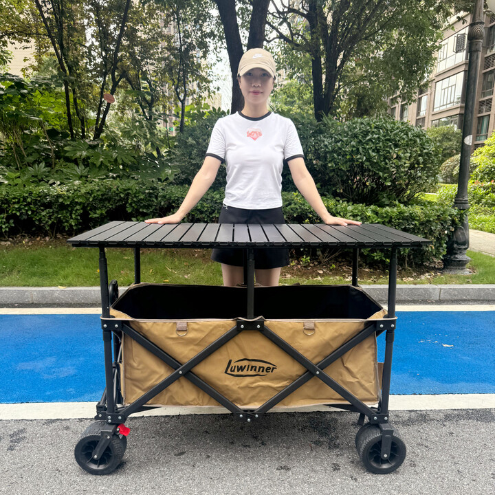 大号露营车摆摊车夜市小推车升降桌柠檬茶餐车营地野餐车聚拢折叠 车(咖)+120*60黑色桌