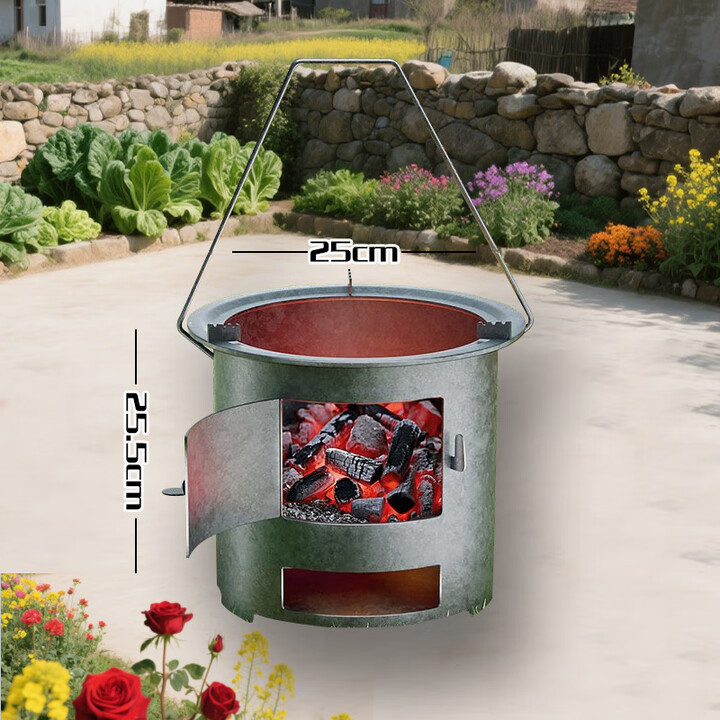 叶余新款便携炉子火炉围炉煮茶取暖农村烧烤多功能柴火炉灶户外烧木炭 加厚版25#户外便携吊炉+提手 【烧坏】/新款加厚提桶炉