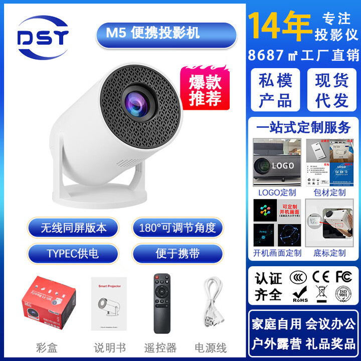 M5家用迷你投影仪小型迷你户外露营民宿便携式家庭影院投影机480P 黑色（英规--12V）