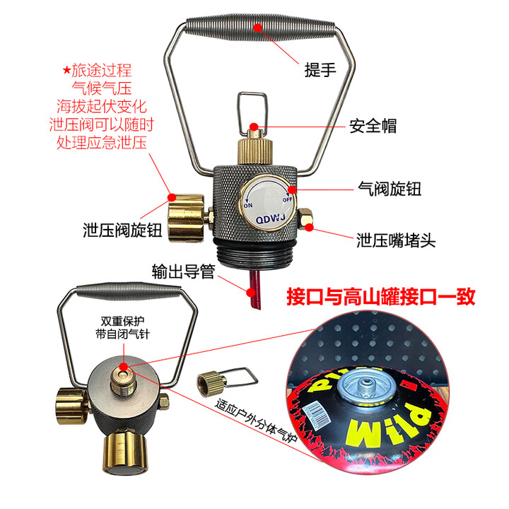 户外充气瓶304不锈钢瓶液化气循环气罐煤气储能泄压野餐露营房车 双阀甁头