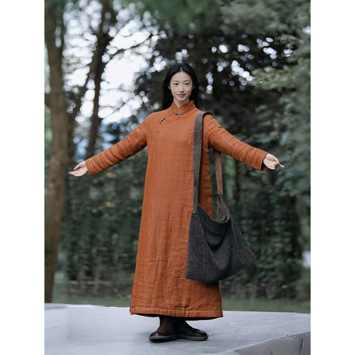 知筆墨禅意轻中式亚麻夹棉斜襟袍子 长款棉服改良旗袍裙 暮色 M【图片 价格 品牌 报价】-京东