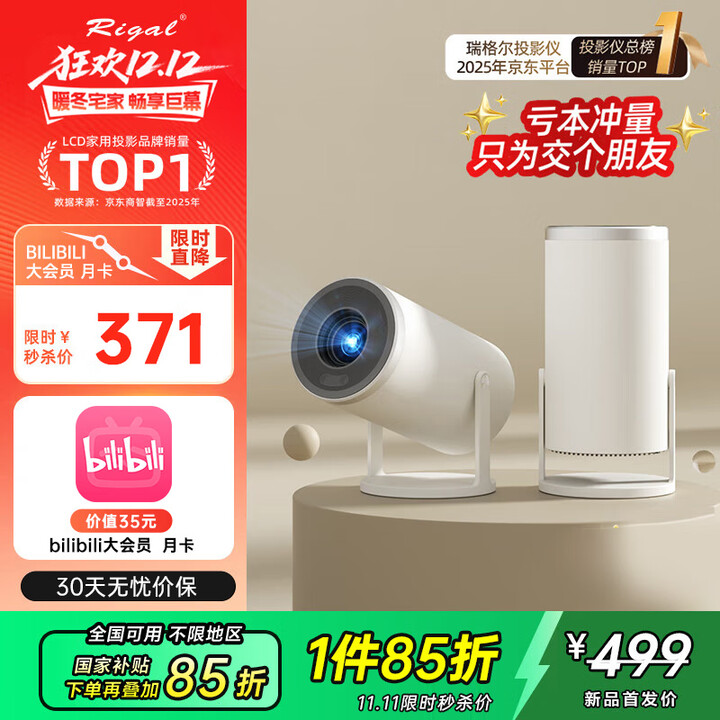Rigal（瑞格尔）B2Pro 投影仪家用智能投影机卧室投影电视bilibili月卡套装