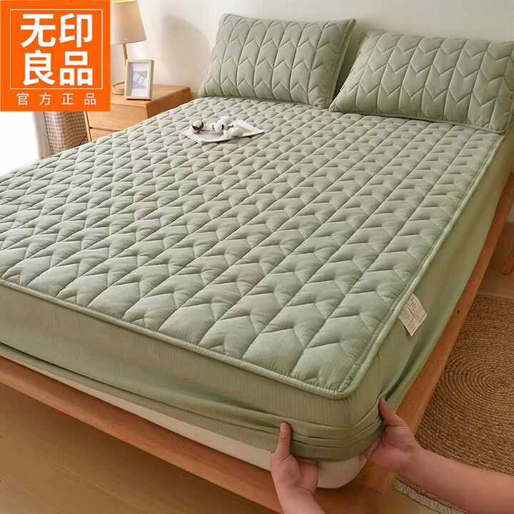 无印良品A类皱皱纱夹棉床笠1.5x2米全包围席梦思床垫防尘罩四季通用床罩套 橄榄绿【A类品质 透气防滑】 150*200cm【单床笠】【图片 ...
