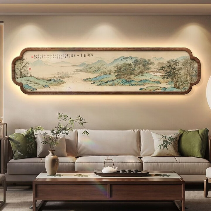 宋氏美学背景墙2025宋代美学客厅装饰画沙发背景墙挂画禅意山水书 B款-湖山春暖图 50*200cm 无框立体砂岩画 带灯LED-插电款+语音 ...