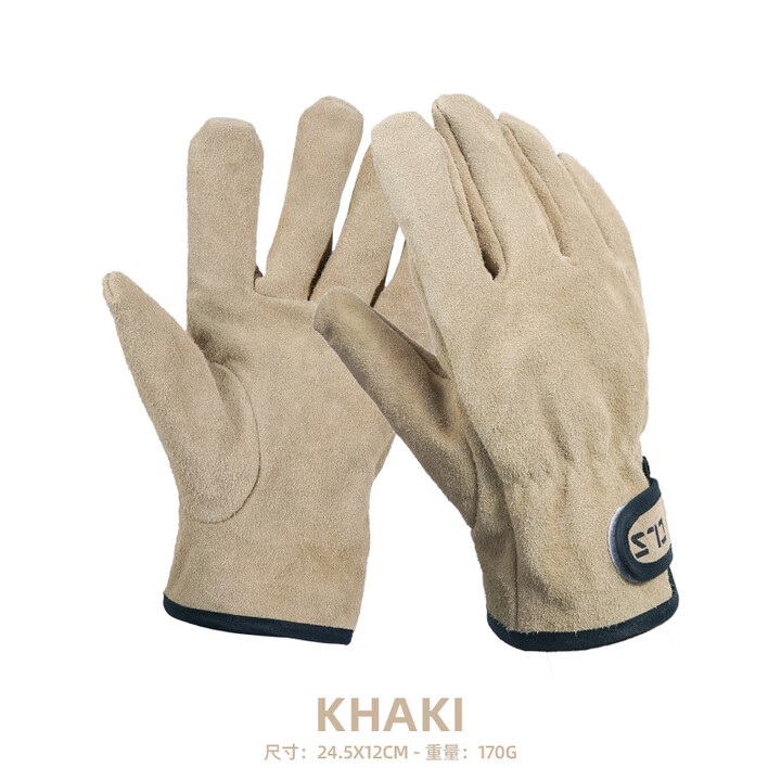 CLS户外野炊BBQ手套野营火烧烤牛皮防烫隔热手套加厚耐磨工地防护 卡其色-牛皮