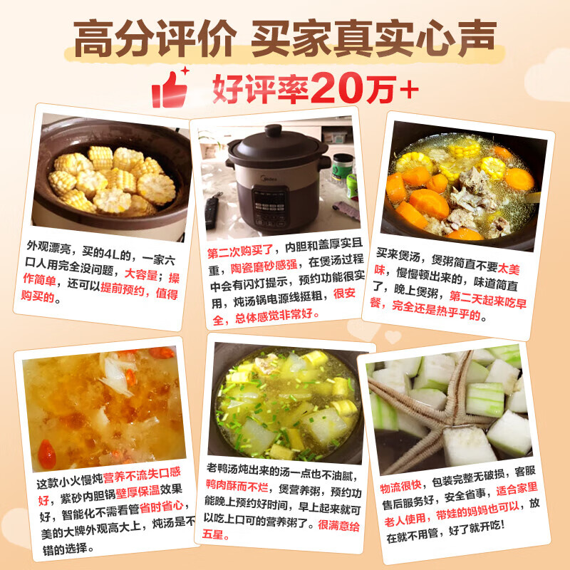 美的（Midea）电炖锅 电炖盅 煲汤锅炖汤锅 电砂锅 煮粥锅 紫砂内胆 4升煲汤电炖锅家用智能预约WTGS401
