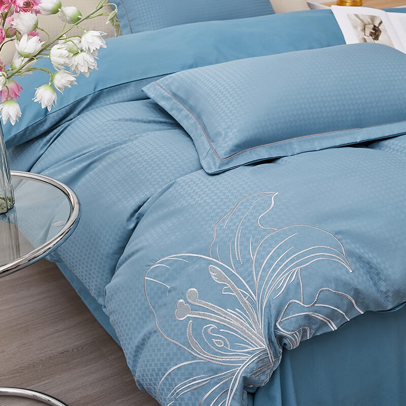洁丽雅典雅刺绣四件套双人被套200*230cm提花工艺 花漾-海石蓝