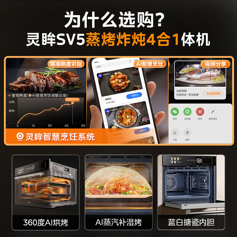 美的（Midea）嵌入式 蒸烤箱一体机 50L蒸箱烤箱家用 AI灵眸智能摄像识材视频分享 蒸烤炸炖四合一体机SV5