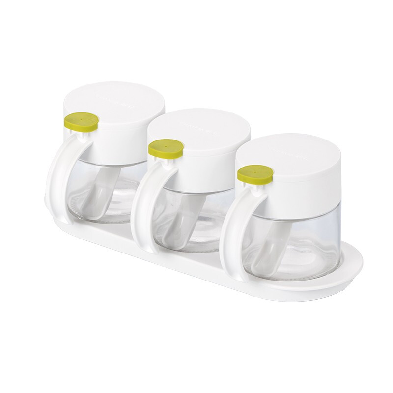 茶花圆点调味盒玻璃盐罐厨房用品厨房圆点玻璃调味架调料罐 圆点三组玻璃调味瓶 绿色