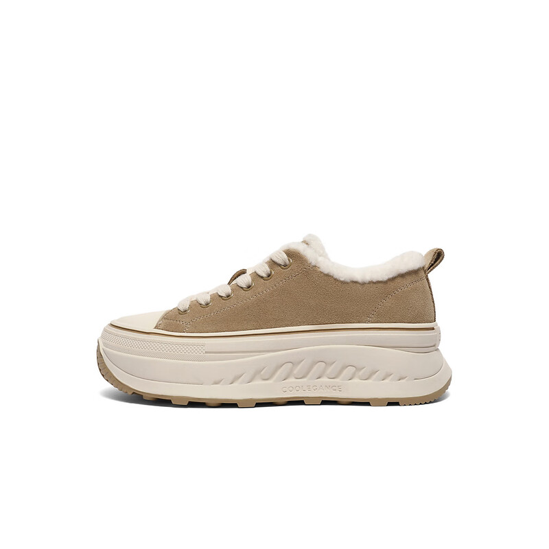 百丽百搭厚底毛毛鞋女2023冬季新款休闲舒适低帮鞋B1501DM3 卡其色 37