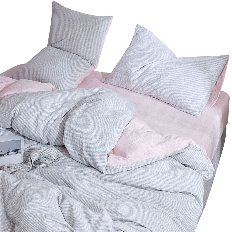 三极户外（Tri-polar）TP2957日式天竺棉三件套床罩被罩枕套针织棉简约床上用品 床单款 1.2米床 粉灰细条