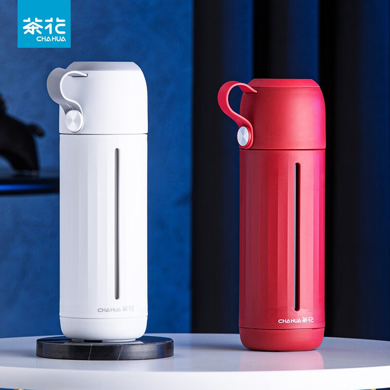 茶花家用带盖玻璃杯男女学生水杯便携泡茶杯带盖两用杯子随手杯 红色310ml