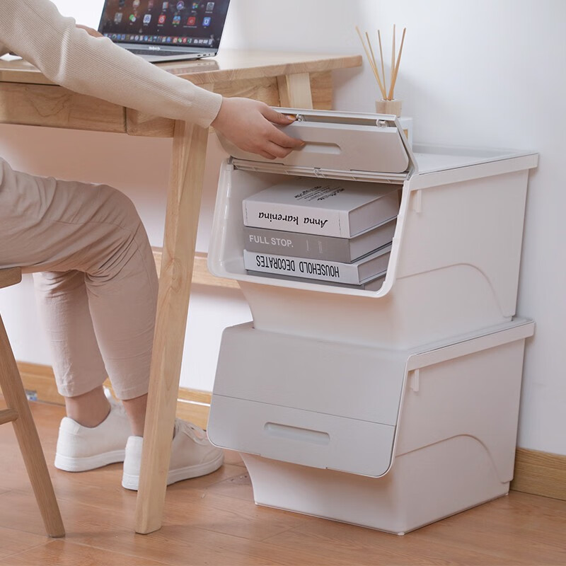 茶花（CHAHUA）收纳箱塑料收纳盒儿童玩具整理箱储物箱斜口前开叠加侧开收纳柜 【深蓝灰】3个装 大号34L【45.5*38*31cm】