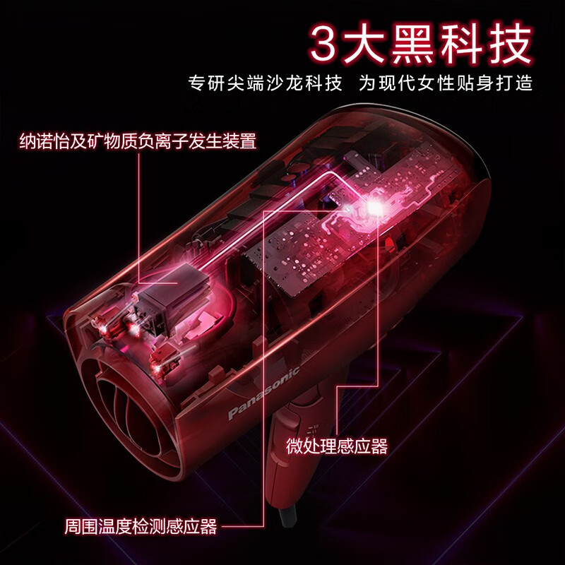 松下（Panasonic）高速电吹风黑科技纳诺怡双倍矿物质负离子吹风机家用护发大功率吹风筒智能冷热风速干生日礼物 EH-XD20-R