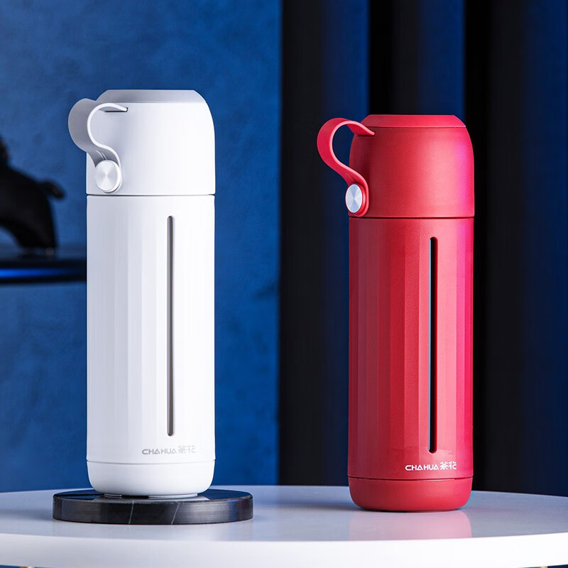 茶花家用带盖玻璃杯男女学生水杯便携泡茶杯带盖两用杯子随手杯 红色310ml