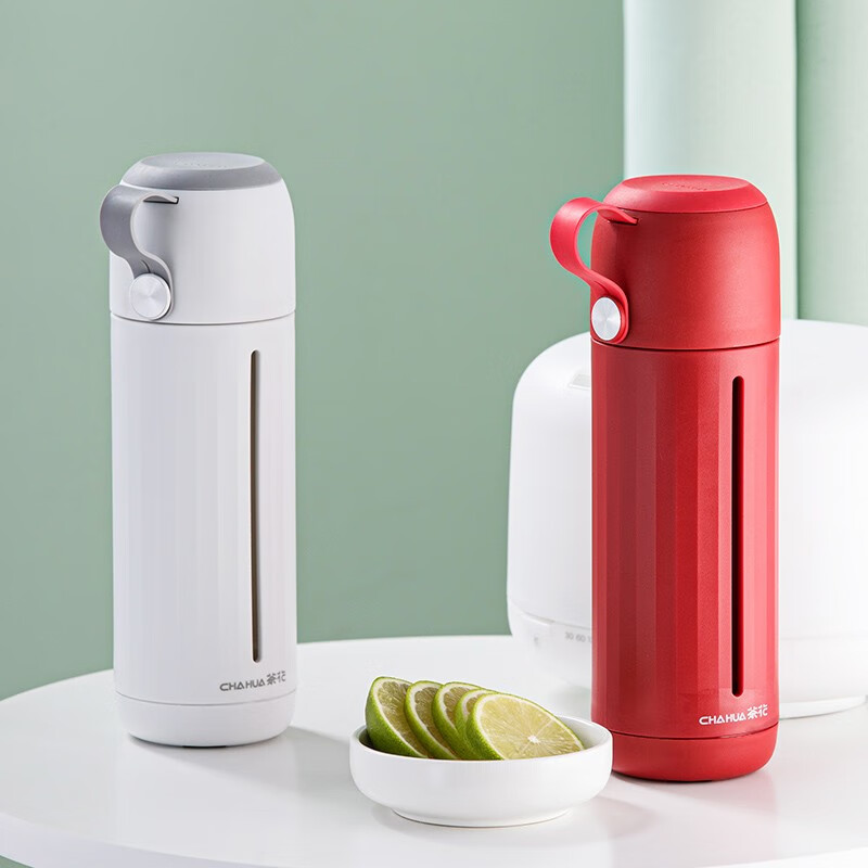 茶花家用带盖玻璃杯男女学生水杯便携泡茶杯带盖两用杯子随手杯 红色310ml