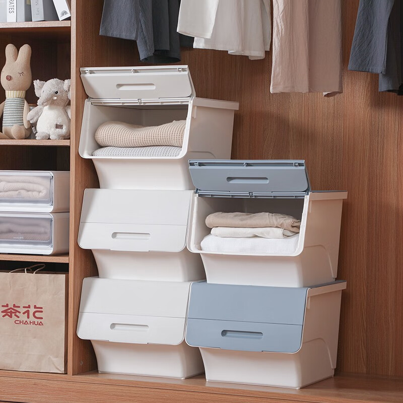 茶花（CHAHUA）收纳箱塑料收纳盒儿童玩具整理箱储物箱斜口前开叠加侧开收纳柜 【深蓝灰】3个装 大号34L【45.5*38*31cm】